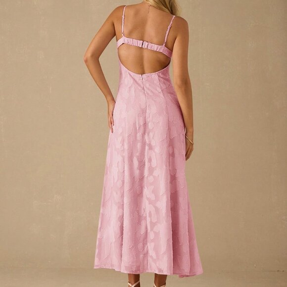 Coral Pink Elegant Women's Pleated Bust Textured Open Back Camisole Dress - Picture 2 of 6